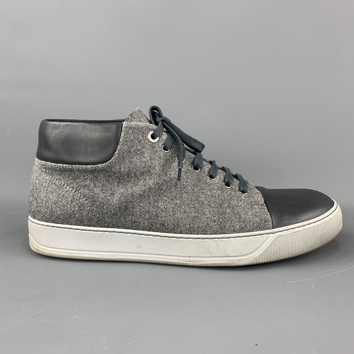 LANVIN Size 11 Gray Wool Lace Up Leather Cap Toe Sneakers