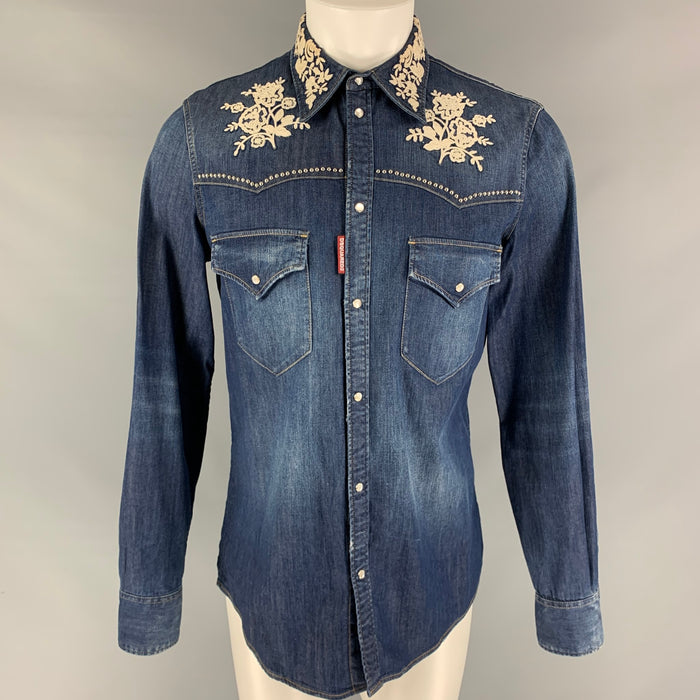 DSQUARED2 Size M Indigo Embroidery Denim Long Sleeve Shirt