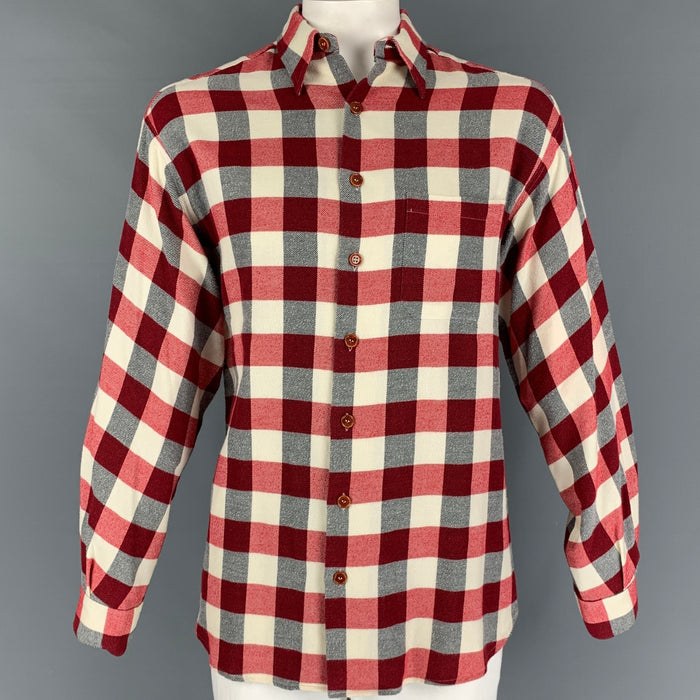 PAUL SMITH Talla L Camisa Manga Larga Algodón Cuadros Burdeos Beige