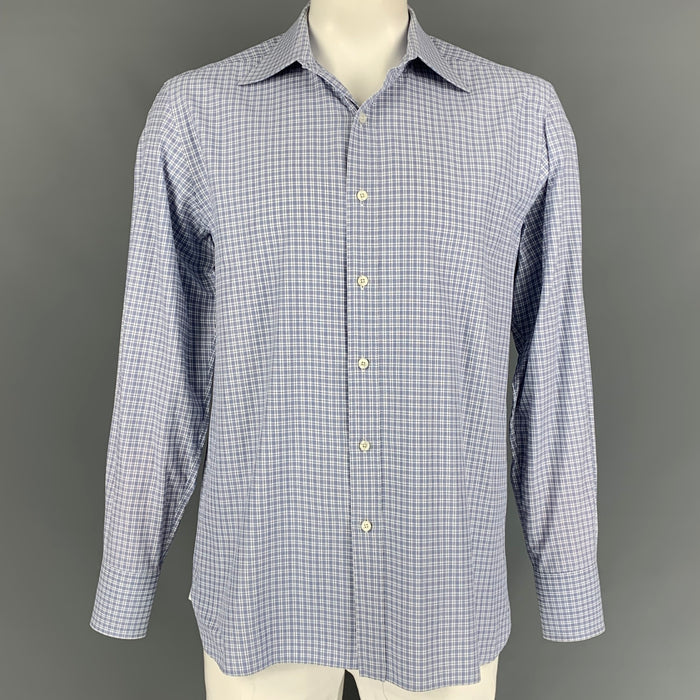 TOM FORD Size XL Blue & White Checkered Cotton Button Down Long Sleeve Shirt