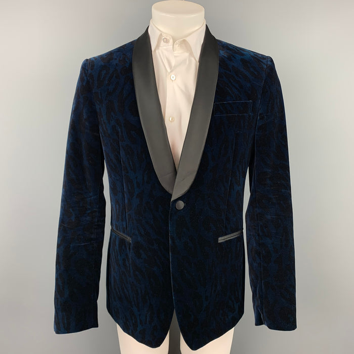 VERSACE COLLECTION Size 40 Navy & Black Leopard Print Shawl Collar Sport Coat