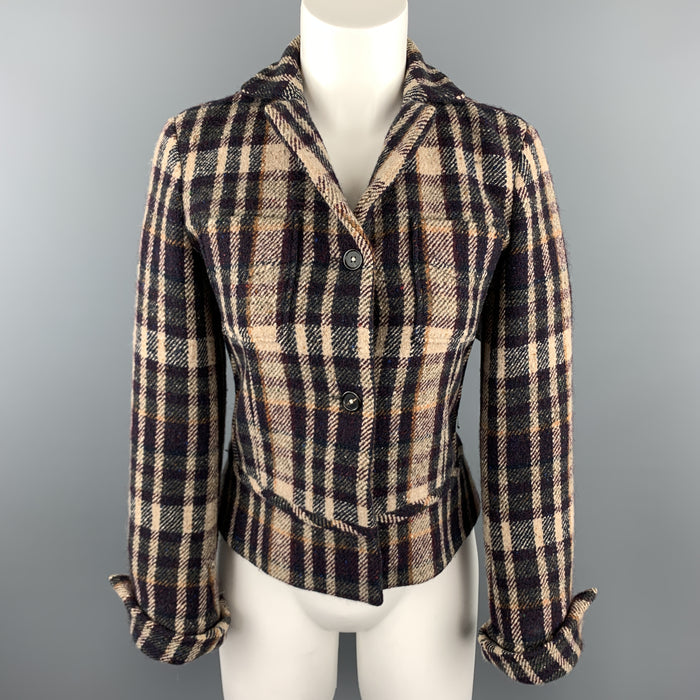 JIL SANDER Size 6 Beige & Navy Plaid Cropped Jacket