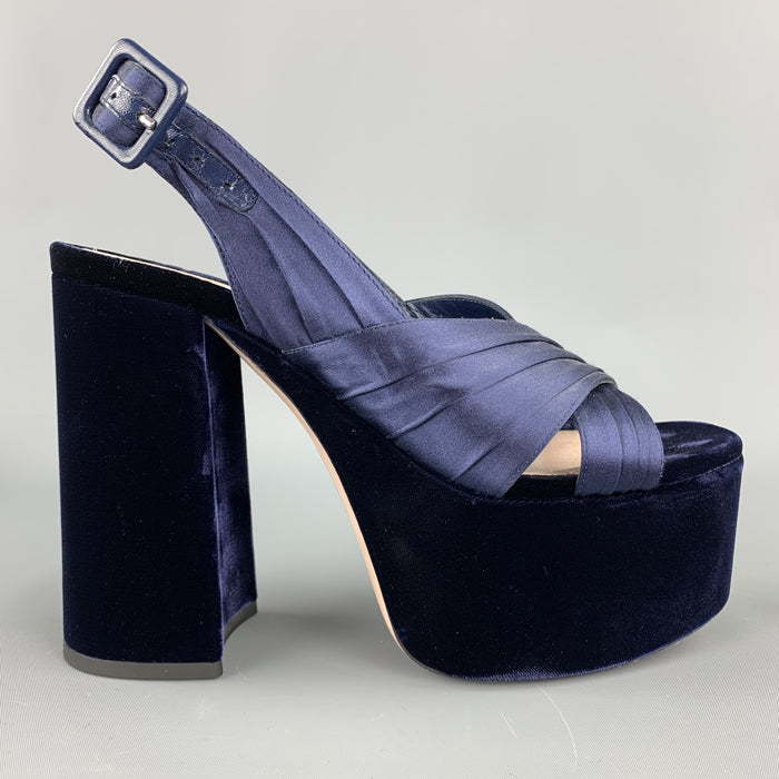 MIU MIU Size 8 Navy Velvet Chunky Heel Platform Sandals
