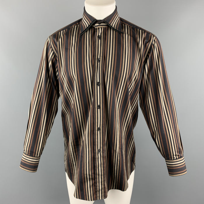 VERSACE CLASSIC Size S Brown & Black Stripe Cotton Double Collar Button Up Long Sleeve Shirt