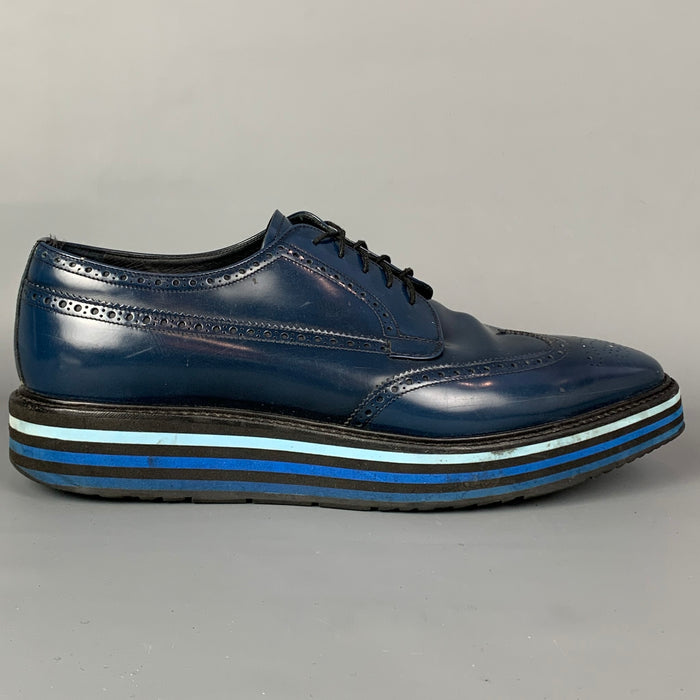 PRADA Size 13 Blue Perforated Leather Wingtip Lace Up Shoes