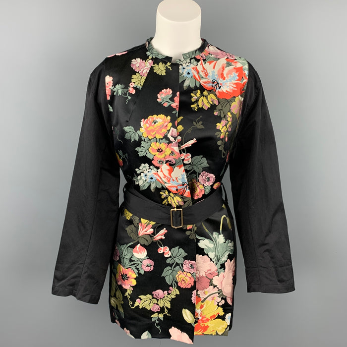 DRIES VAN NOTEN Size 6 Black & Multi-Color Silk / Polyester Belted Coat