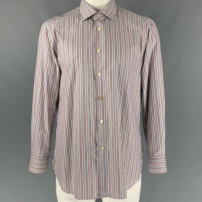 KITON Size XL White & Navy Orange Stripe Cotton Button Down Long Sleeve Shirt