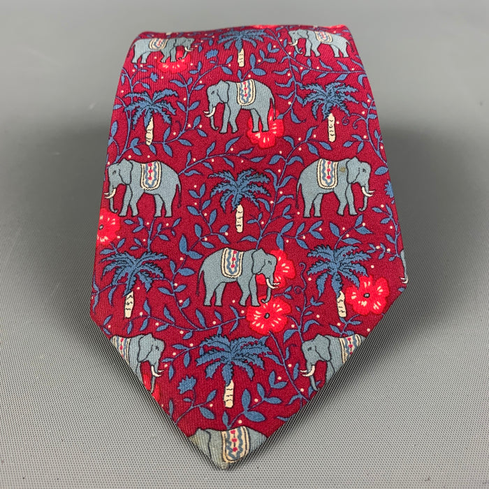 HERMES Red & Blue Elephants Silk Tie
