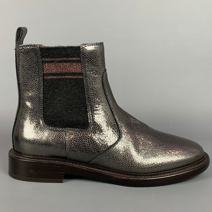 BRUNELLO CUCINELLI Size 8 Pewter & Charcoal Leather Crackled Pull On Chelsea Boots