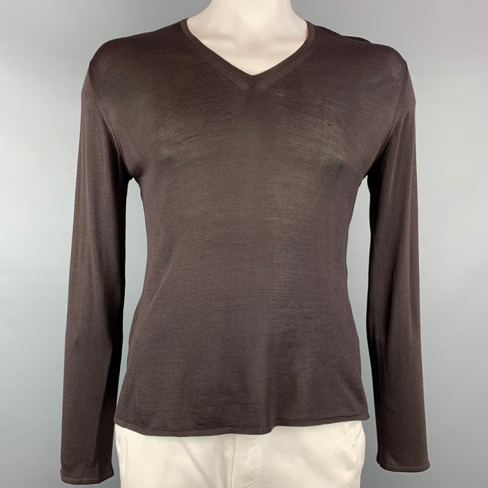 GUCCI Size L Brown Silk V-Neck Pullover