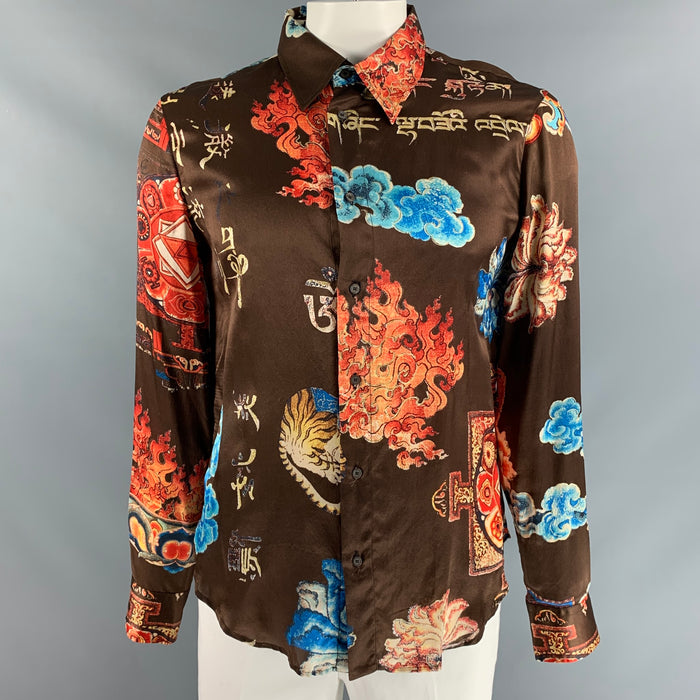 JUST CAVALLI Size L Brown Multicolour Print Silk Button Up Long Sleeve Shirt