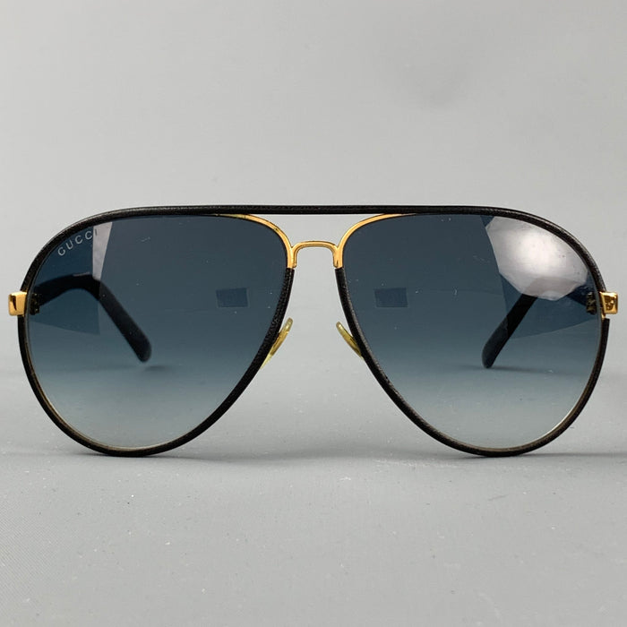 GUCCI Black Leather Gold Tone Aviator Sunglasses
