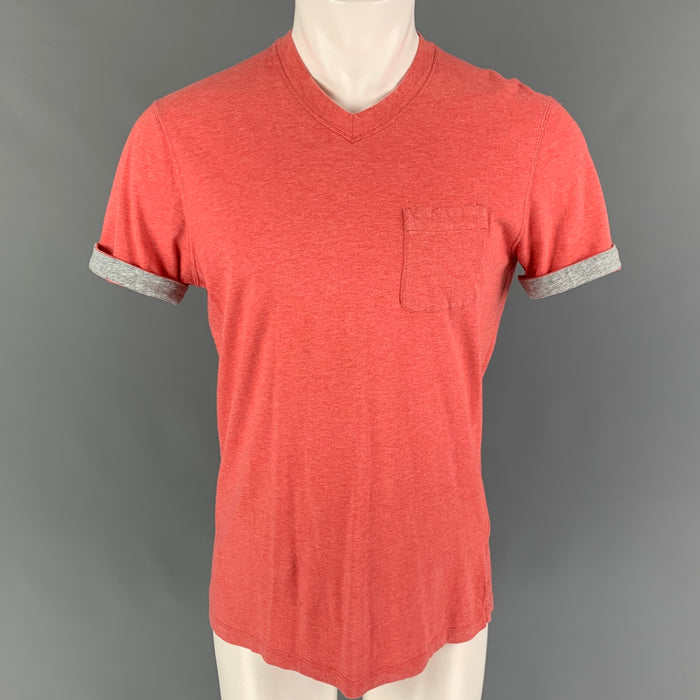 BRUNELLO CUCINELLI Talla S Camiseta de algodón con cuello de pico rojo gris