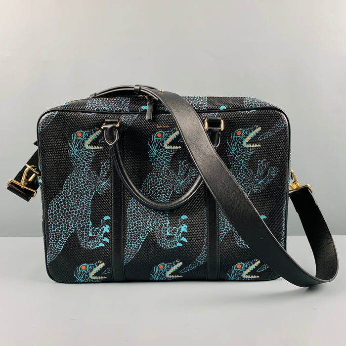 PAUL SMITH Bolso para portátil de lona revestida con estampado de dinosaurios en negro y azul