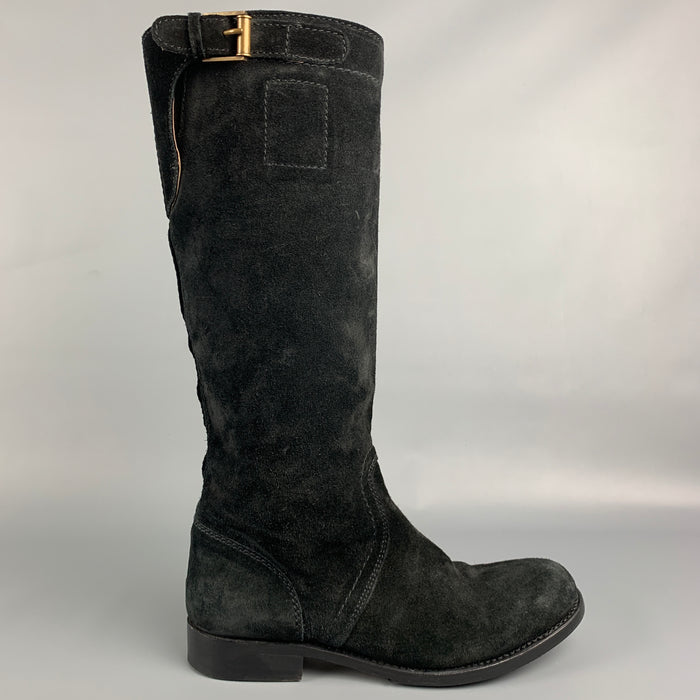 JIL SANDER Size 7.5 Black Suede Brass Buckle Boots
