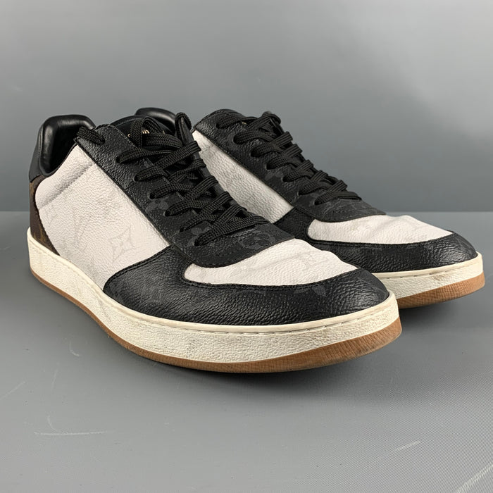 LOUIS VUITTON Talla 9.5 Zapatillas bajas de cuero con logo blanco, negro y marrón