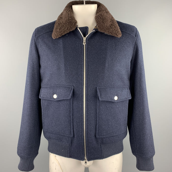 BRUNELLO CUCINELLI Size XL Navy Cashmere Zip Up Fur Collar Jacket