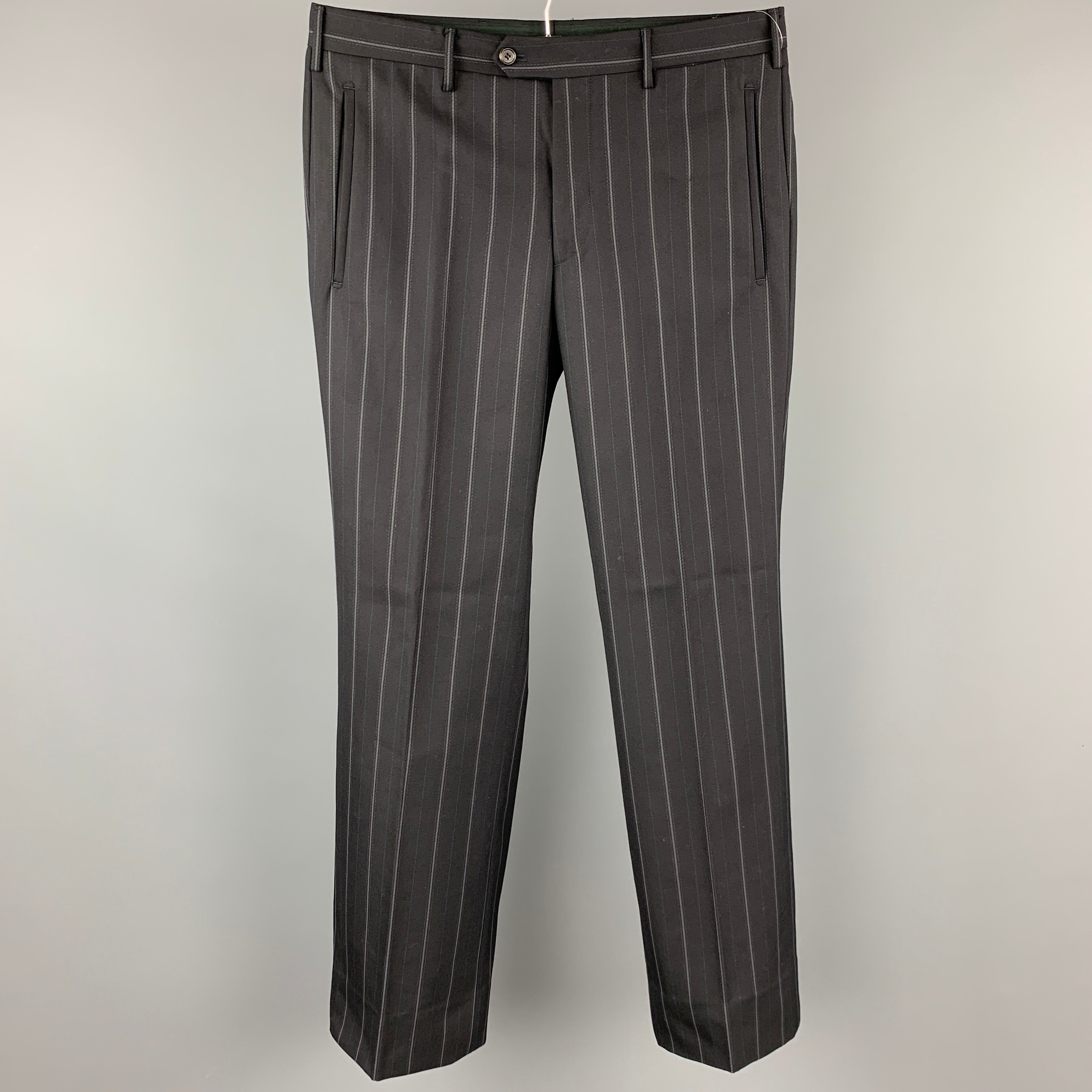 パンツ PRADA virgin wool stripe slacks BLK 56 PRADA Size 32 Black & Grey Stripe Virgin Wool Button Fly Dress