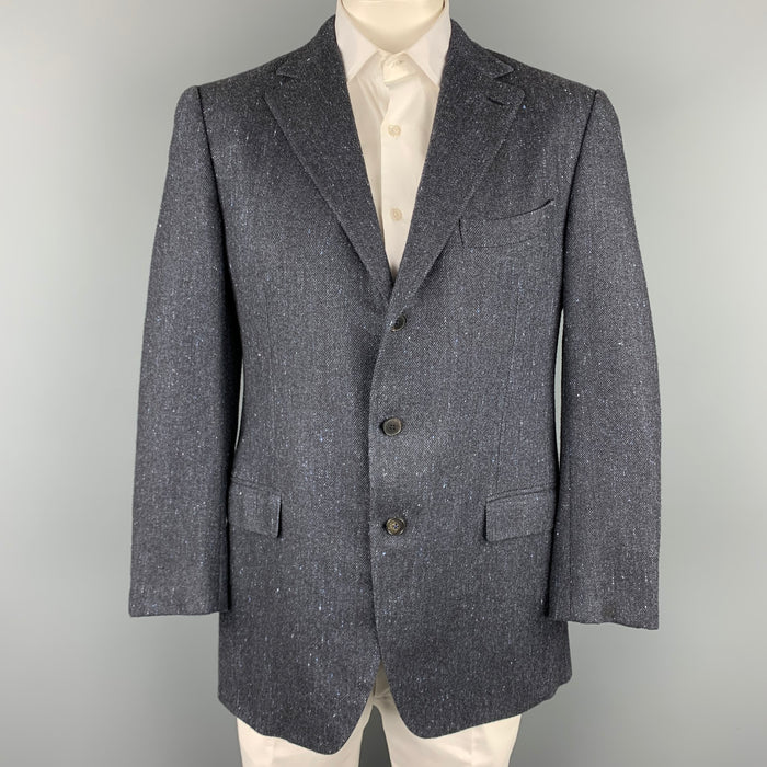 ERMENEGILDO ZEGNA Couture Size 44 Regular Navy Herringbone Cashmere Blend Notch Lapel Sport Coat