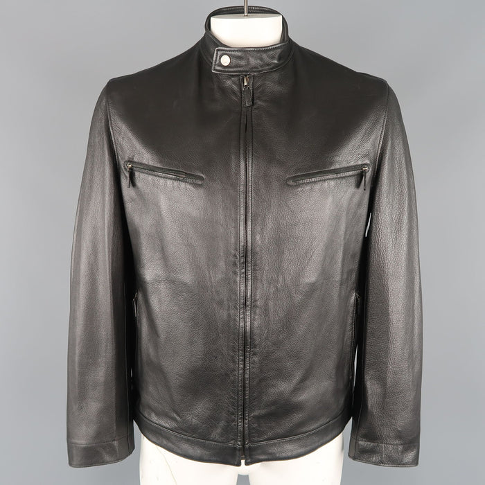 GUCCI 42 Black Textured Leather Zip Up Band Collar Motorcycle Jacket