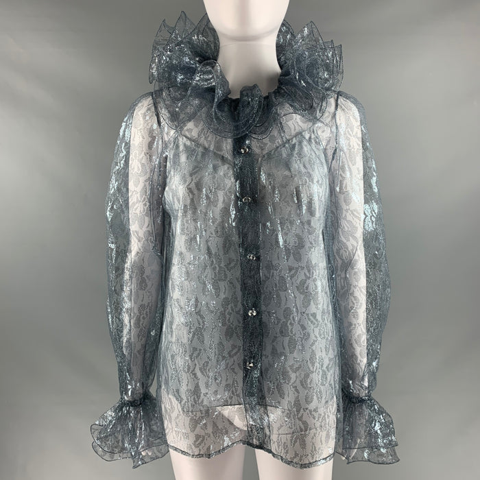 MARC JACOBS Size 6 Silver Metallized Fiber Lace Ruffle Blouse
