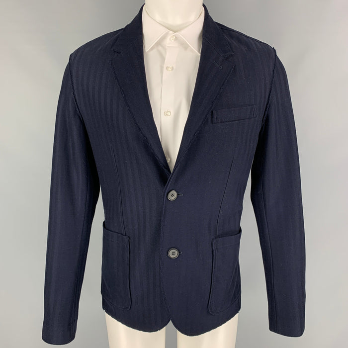 LANVIN Size 42 Navy Herringbone Cotton Notch Lapel Sport Coat