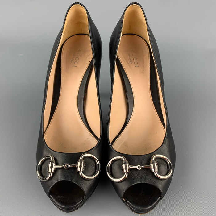GUCCI Size 9 Black Leather Horsebit Peep Toe Pumps