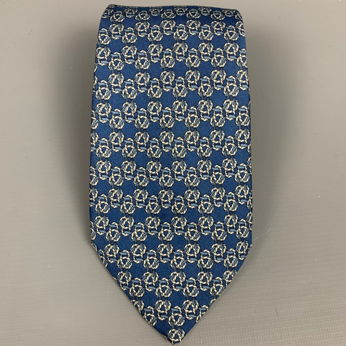 HERMES 792 MA Blue & Cream Knot Print Silk Tie