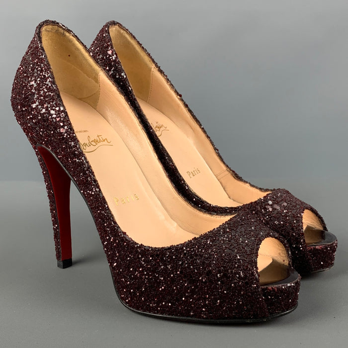 CHRISTIAN LOUBOUTIN Size 6.5 Burgundy Glitter Peep Toe Pumps