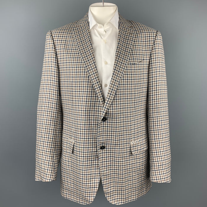ERMENEGILDO ZEGNA Size 46 Crossover Taupe & Blue Plaid Linen Blend Notch Lapel Sport Coat
