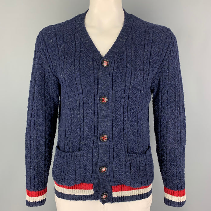 KITON Size L Navy Red & White Contrast Stitch Cotton V-Neck Cardigan
