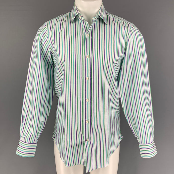 ETRO Size M White Green Purple Stripe Cotton Linen Long Sleeve Shirt