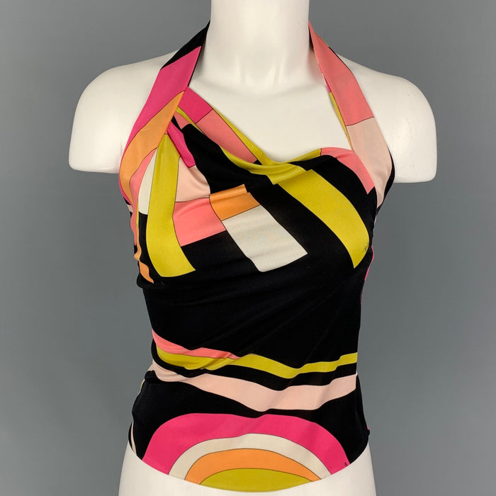 EMILIO PUCCI Size 6 Black Yellow Orange Silk Abstract Halter Casual Top