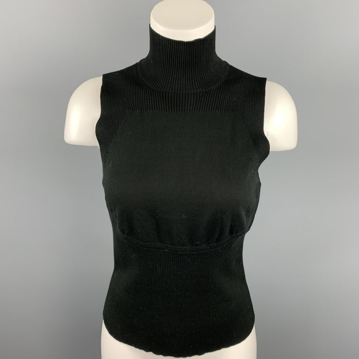 CHANEL Size 8 Black Cotton Ribbed Tutrleneck Sleeveless Pullover