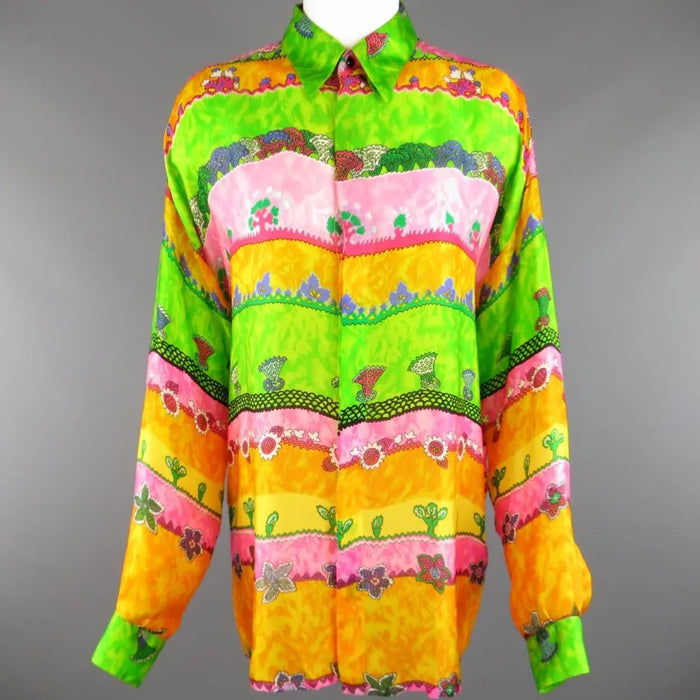 GIANNI VERSACE Size L Multi-Color Watercolor Abstract Plant Print Silk Blouse