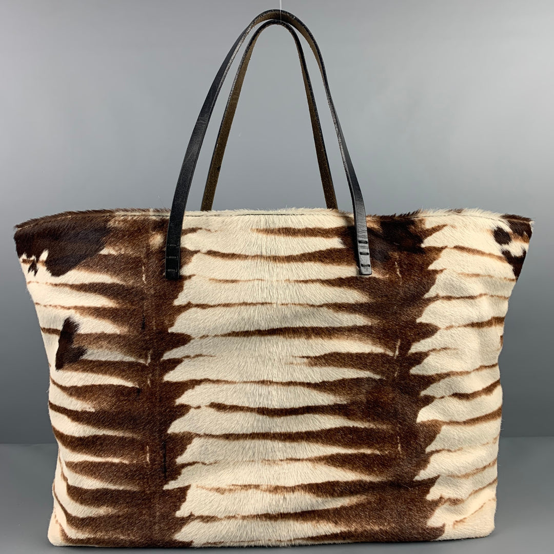 FENDI Brown Cream Zebra Leather Calf Hair Tote Bag