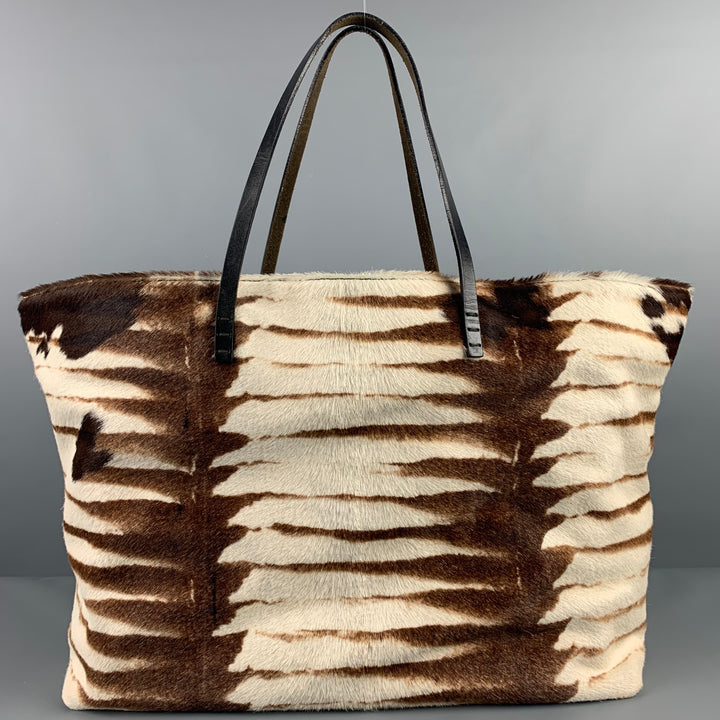 FENDI Brown Cream Zebra Leather Calf Hair Tote Bag