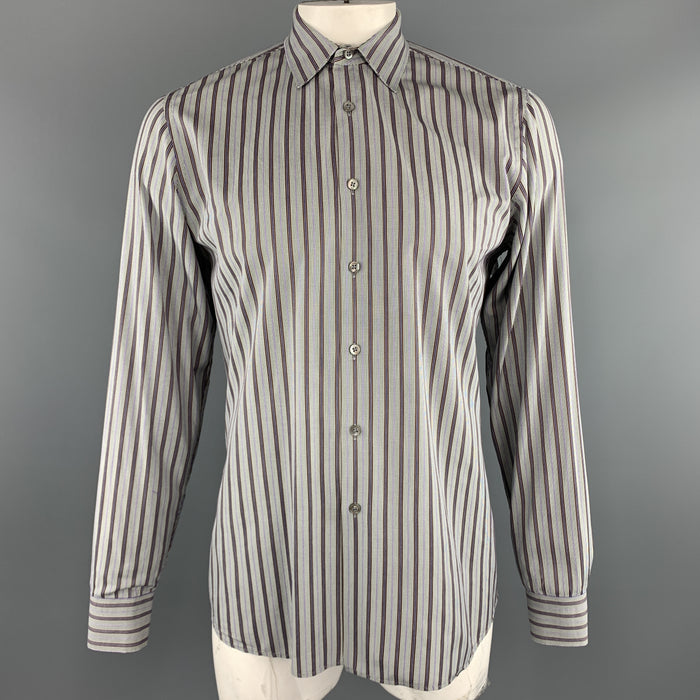 PRADA Size L Gray Brown Green & Purple Stripe Cotton Long Sleeve Shirt