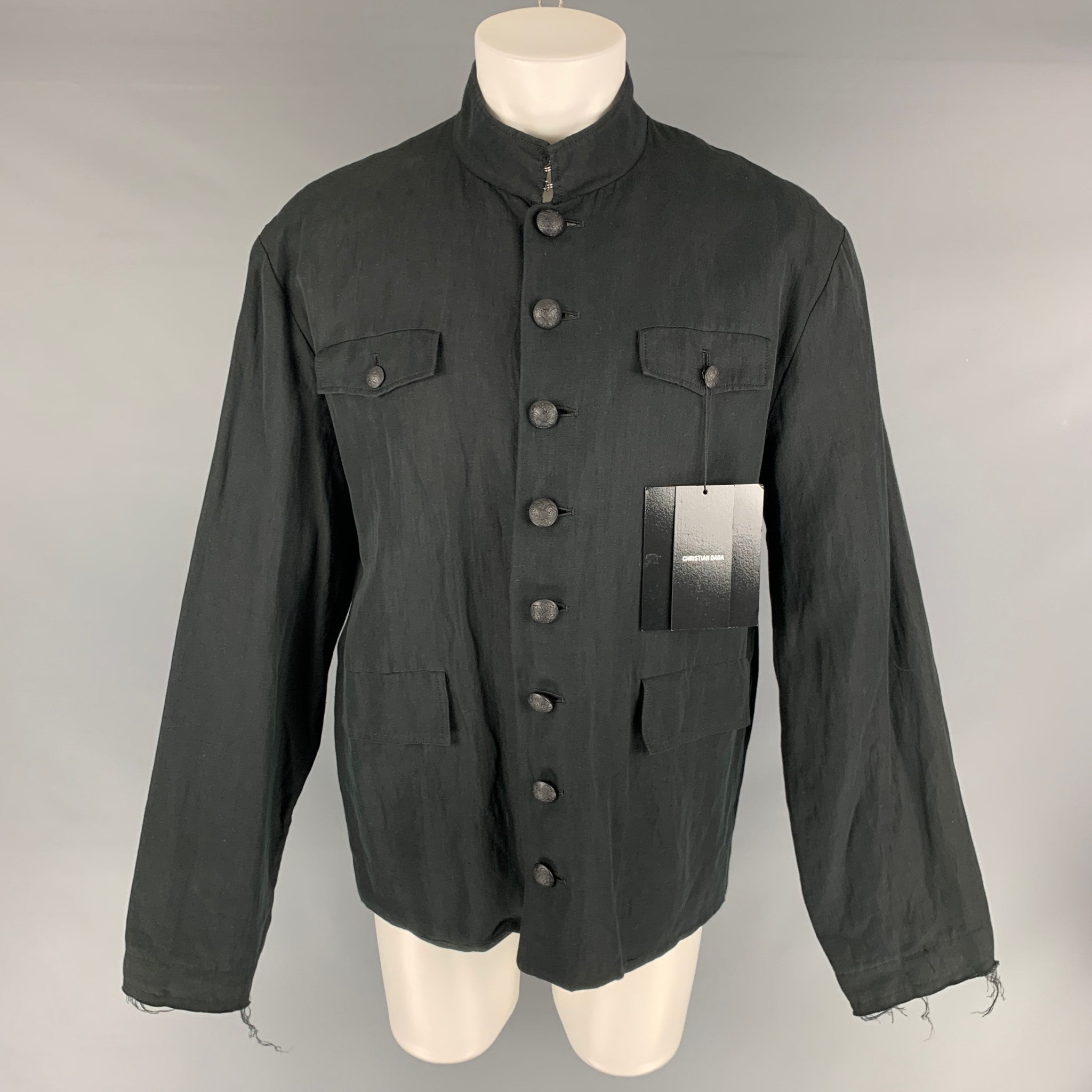 CHRISTIAN DADA Chest Size 38 Size 38 Black Solid Cotton / Linen Military  Jacket