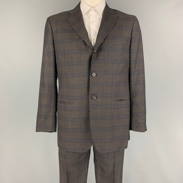 KITON Size 44 Brown Blue Plaid Cashmere Notch Lapel Suit