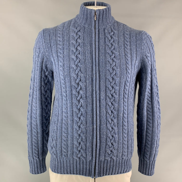 LORO PIANA Size 42 Blue Cable Knit Cashmere Zip Up Jacket