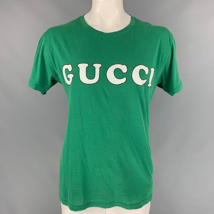 GUCCI Size L Green & White Logo Cotton Crew-Neck T-shirt