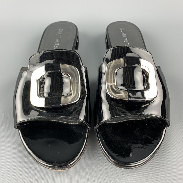 STUART WEITZMAN Size 11 Black Patent Leather Silver Buckle Flats