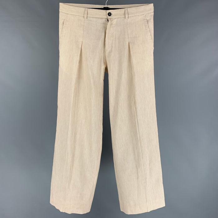 YVES SAINT LAURENT Rive Gauche 2006 Size 32 Cream Brown Stripe Cotton / Linen Wide Leg Casual Pants