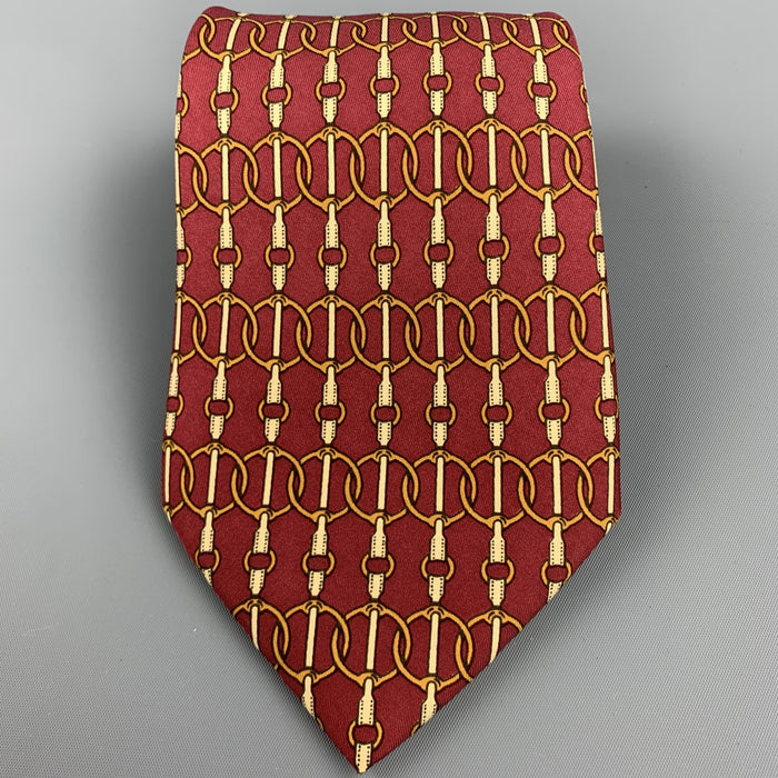 Vintage HERMES 597 SA Burgundy & Gold Horse Tackle Silk Neck Tie