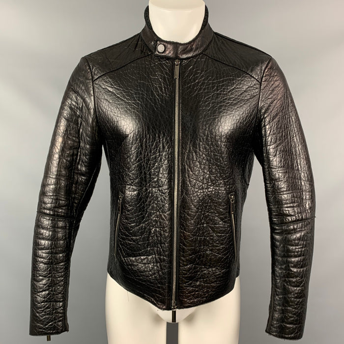 EMPORIO ARMANI Size 38 Black Textured Leather Zip Up Jacket