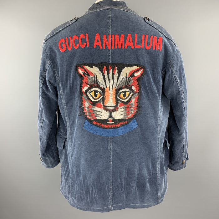 GUCCI Washed Navy Washed Corduroy Embroidered Cat ANIMALIUM Jacket