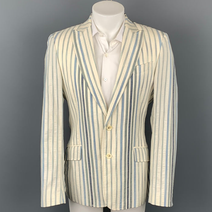 JUST CAVALLI Size 40 Cream & Blue Stripe Cotton Blend Peak Lapel Sport Coat