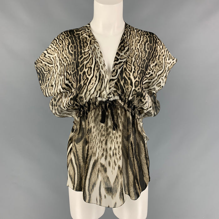 ROBERTO CAVALLI Size 2 Olive Black & White Silk Animal Print Sleeveless Blouse