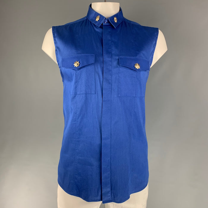 VERSACE COLLECTION Size XL Royal Blue Solid Cotton / Elastane Short Sleeve Shirt